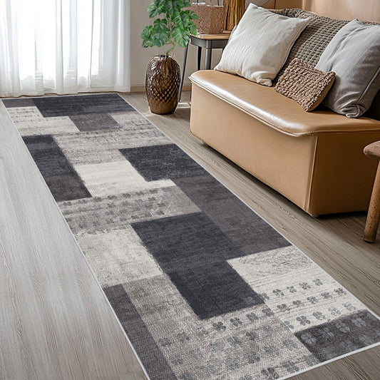 QDUIDU Modern Geometric Patchwork Indoor Runner Rug for Living Room, Charcoal 2.7'x 10' Rug Rockwood Collection Hardwood Floors Decor for Bedroom, Grey Throw Carpet for Office Entryway Dining Room