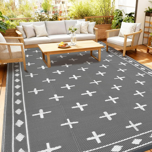 Garvee 8x10 Outdoor Rug, Reversible Waterproof Plastic Straw Patio Mat with Geometric Border Design, Camping & RV Floor Rug for Deck, Balcony, Backyard, Beach and Picnic,Grey