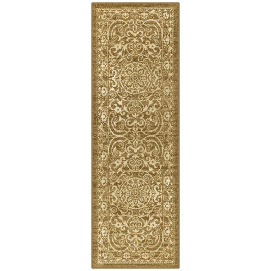 Maples Rugs Pelham Vintage Medallion Runner Rug - Made in USA - Washable, Non-Slip, Low Profile Indoor Rug for Hallway, Kitchen, and Laundry Room, 2' x 6', Khaki