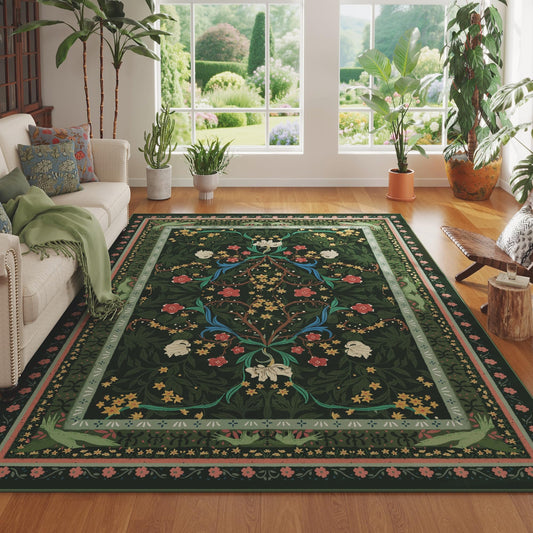 Vowkten Area Rugs 8x10 for Living Room Clearance Washable Vintage Floral Botanical Rug Non Slip Low Pile Large Rug for Bedroom, Farmhouse, Dining Room, Kids Playroom, Green