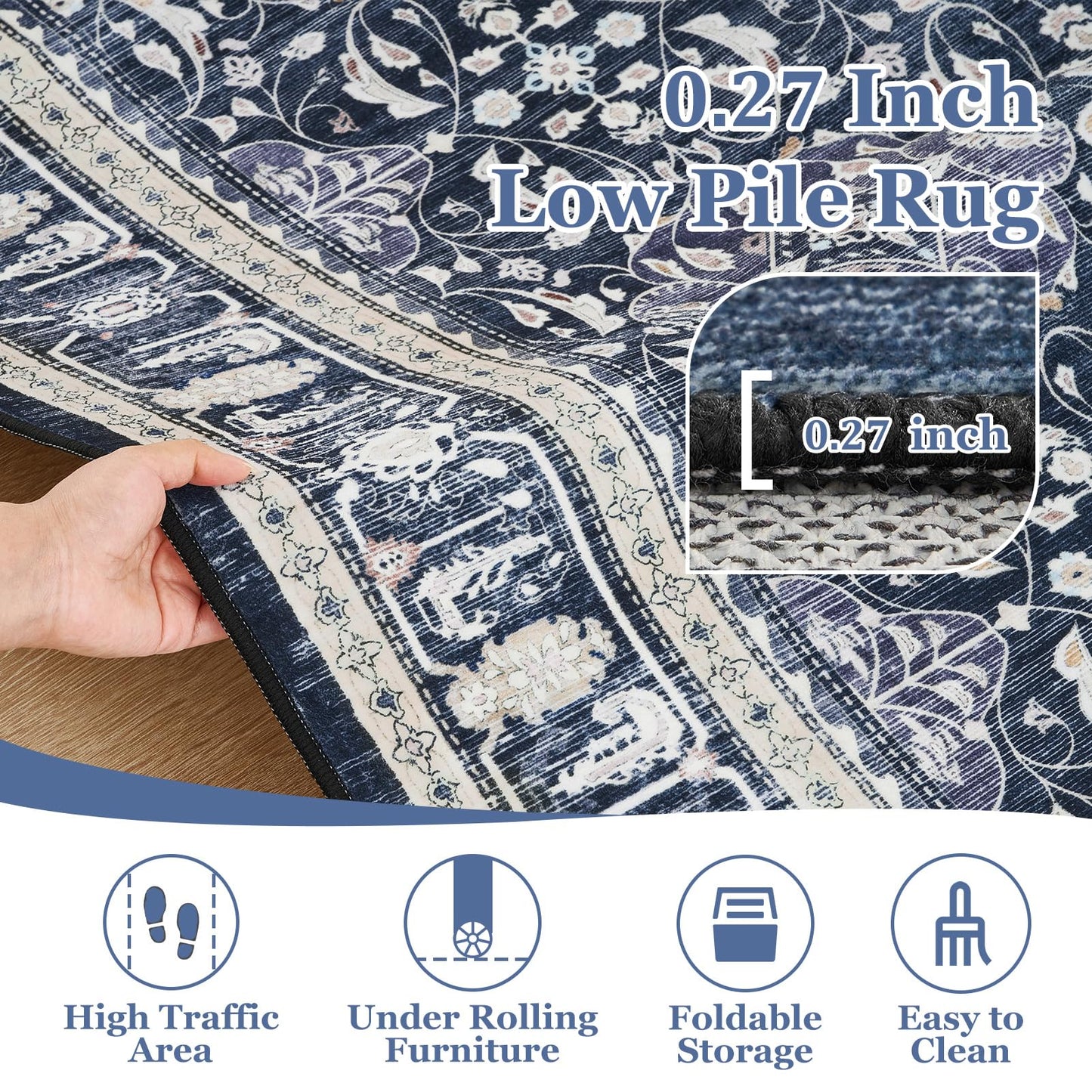 Jainmy Dark Blue Area Rug 6x9, Boho Floral Moroccan Trellis Printed Transitional Style Rugs for Living Room Bedroom, Washable Non Slip Low Pile Thin Carpet Rug for Dining Room Guest Room Home Office