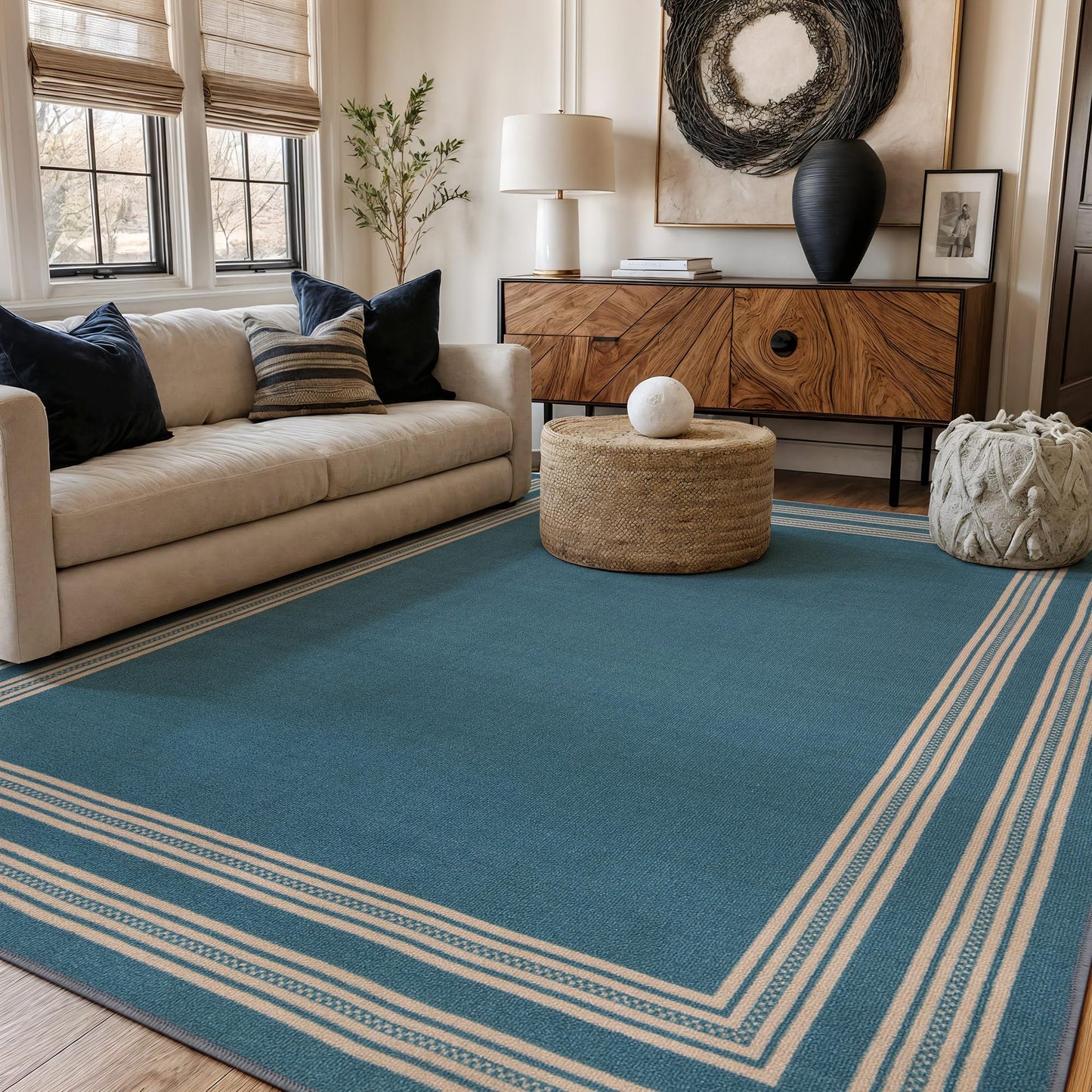 Rugshop Ornate Framed Border Power Loomed Indoor Area Rug, Deep Cobalt Decorative Frame Design, Non-Slip Backing, Living Room Bedroom Entryway, Easy-Care Spot Clean, 7'10" x 10' Blue