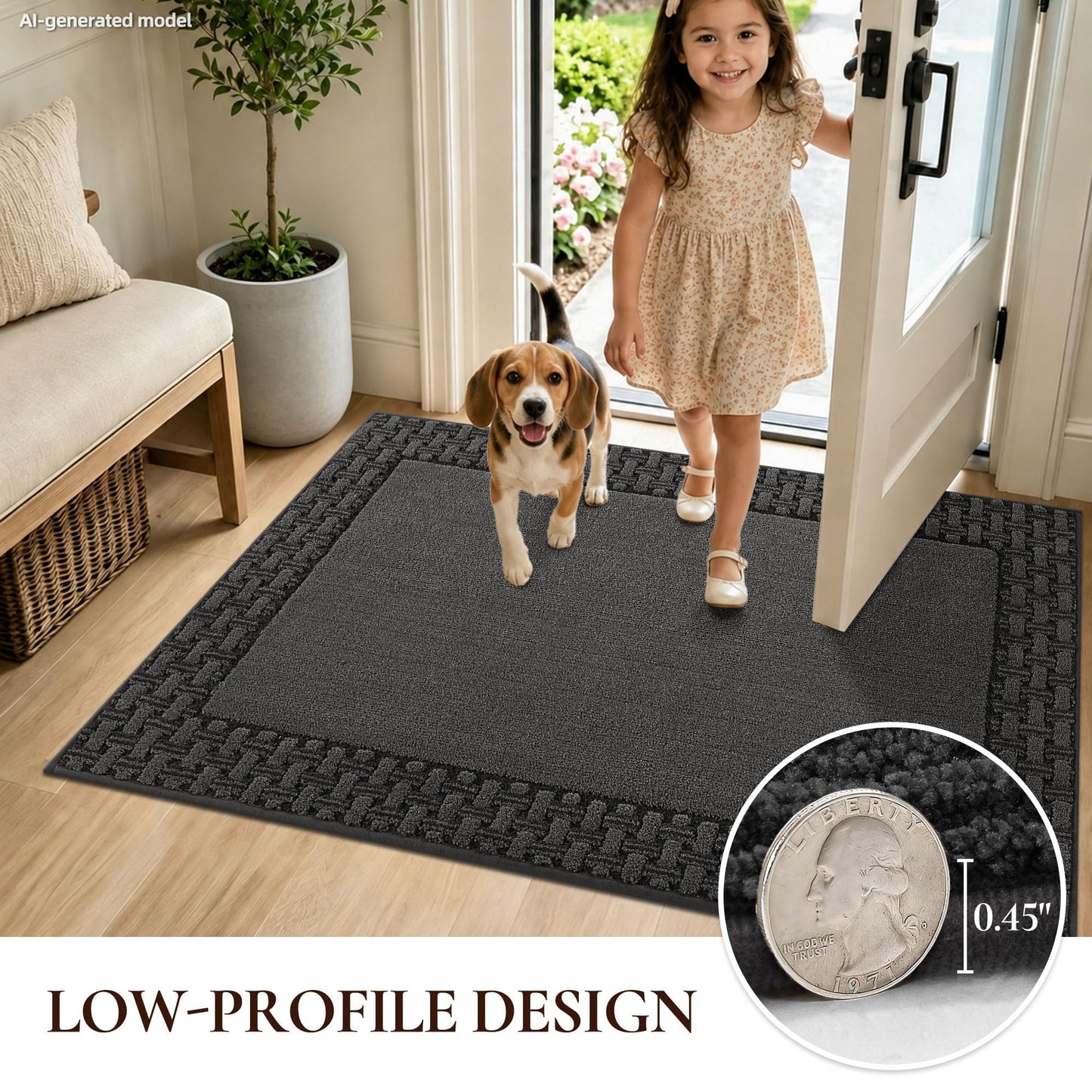 FLOORHUG Door Mat 20 x 32 in, Non Slip Washable Entryway Rugs with TPR Backing, Absorbent Dirt Trapping Low Profile Front Door Mat for Shoes and Dog Paws, Dark Grey