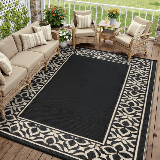 PureCozy Outdoor Plastic Straw Rug Black Beige Large Outside Waterproof Outdoor Patio 9x12 Carpet Geometric Reversible Mat Modern for Camping RV Porch Deck Balcony Beach