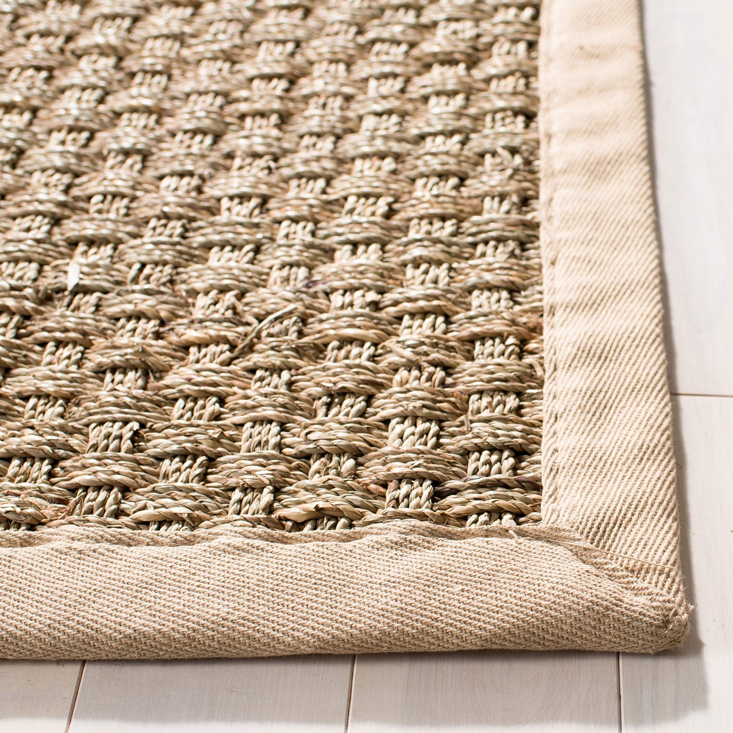SAFAVIEH Area Rug 7' Square - Natural Fiber Collection - Natural & Beige, Seagrass, Basketweave Pattern with Border (NF114A)