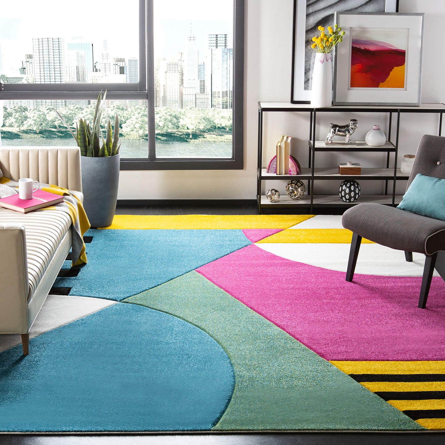 SAFAVIEH Area Rug 8x10 - Hollywood Collection - Large - Peacock Blue & Fuchsia, Mid-Century Modern Design, Non-Shedding & Easy Cleaning, Ideal for Living Room, Bedroom, Office, Dining Space (HLW706C)