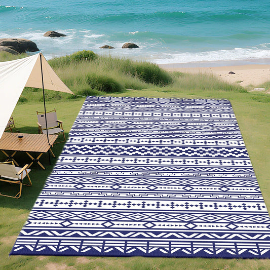 Outsunny Outdoor Rug for Patio, 9' x 18' Waterproof Large Mat, Reversible Plastic Straw Rug for Decor, Portable Outside RV Camping Area Carpet Mat for Backyard Porch Deck Picnic, Blue White Geometric