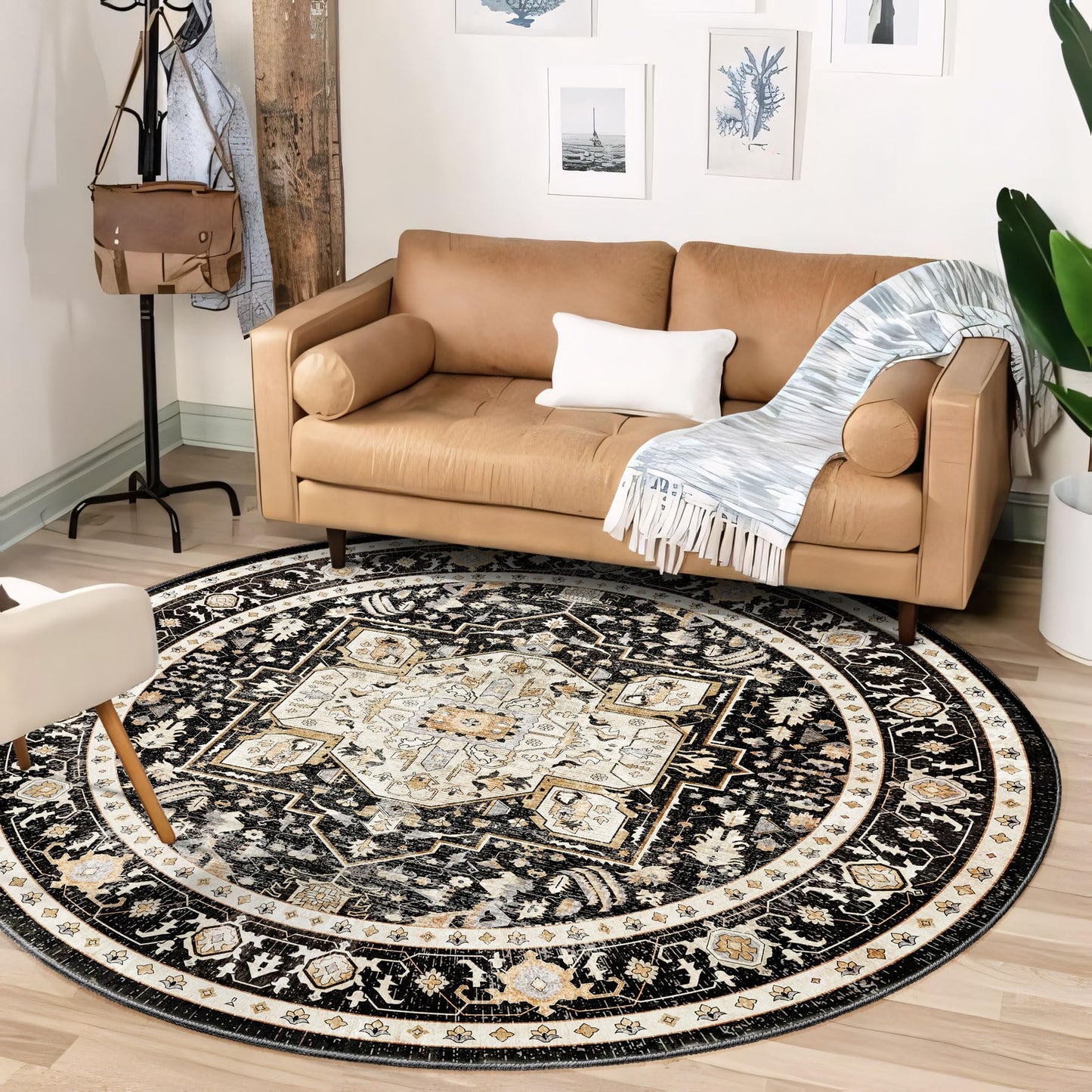 MUJOO Round Rugs 6ft,Black Circle Area Rug Washable,Boho Circular Rugs for Living Room Bedroom,Large Non Slip Throw Carpet Vintage Soft Black and Gold Floral