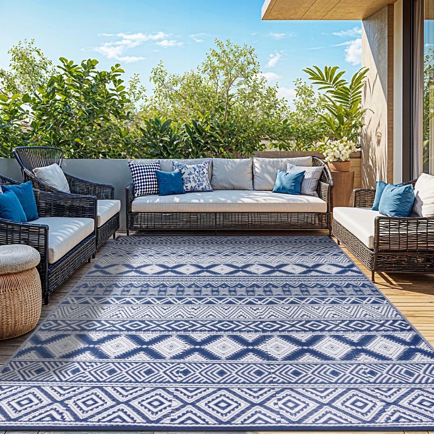 Waterproof Outdoor Rug 8x10 ft, Reversible Plastic Straw Patio Camping Rugs, Outdoor Indoor RV Mat Carpet for Patio, Outside Entry, Backyard, Deck, Bench, Picnic, Camper(8x10,Blue&White)