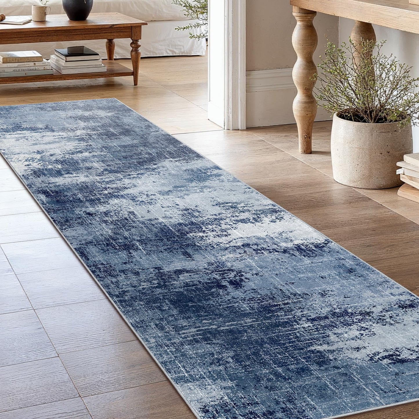 Runner Rugs for Hallway 2'6"x10', Modern Abstract Machine Washable Runners for Kitchen Entryway Bathroom Bedroom Laundry RoomLow Pile Lightweight Thin Non Slip Runner Rug, Dark Blue