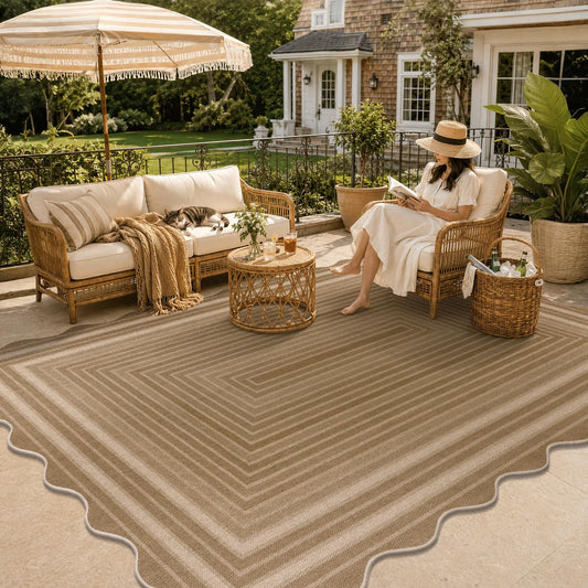 Yamaziot Washable Indoor Outdoor Rug 5x8, Scalloped Geometry Faux Tan Jute Outdoor Carpet Non Slip Modern Woven Textured Patio Rug for Backyard Balcony Deck, White