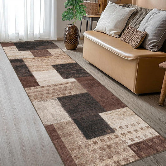 QDUIDU Modern Geometric Patchwork Indoor Runner Rug for Living Room, Chocolate 2'x 6' Rug Rockwood Collection Hardwood Floors Decor for Bedroom, Brown Throw Carpet for Office Entryway Dining Room