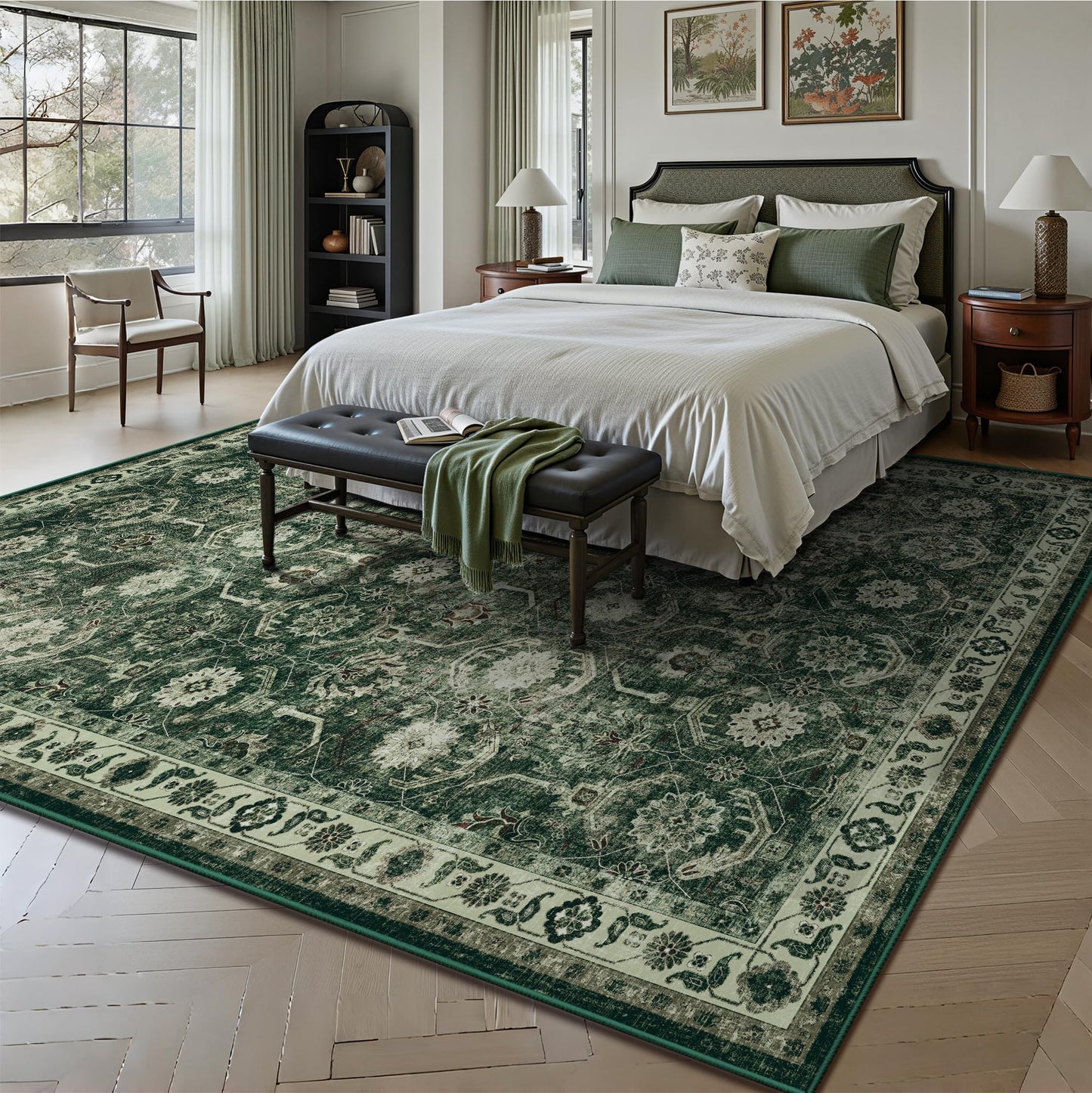 Woodbruy 6x6 Square Area Rug, Soft Non Slip Low Pile Washable Rug, Boho Modern Area Rug for Living Room，Bedroom, Laundry Room, Dark Green/Beige