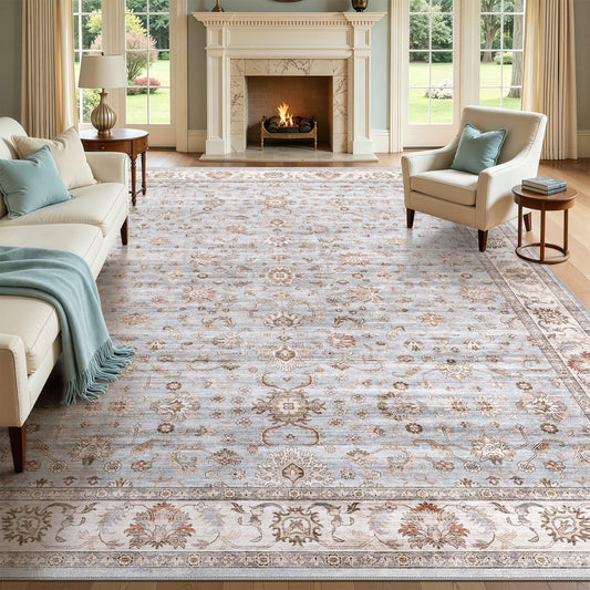 WITSHOCK 10x14 Area Rugs Living Room: Washable Large Neutral Vintage Soft Rug Stain Resistant Non-Slip Farmhouse Indoor Low Pile Floor Carpet for Bedroom Nursery Office(Blue Gray)