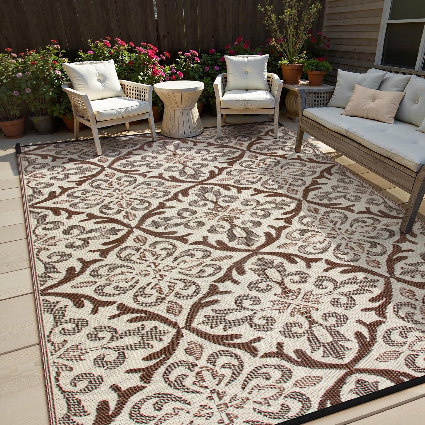 Lahome Outdoor Area Rugs 8x10 Patio Waterproof, Reversible Plastic Straw Rv Outdoor Rugs for Camping, Large Indoor Outdoor Carpet for Porch Deck Backyard Camper Picnic, Khaki 8'x10'