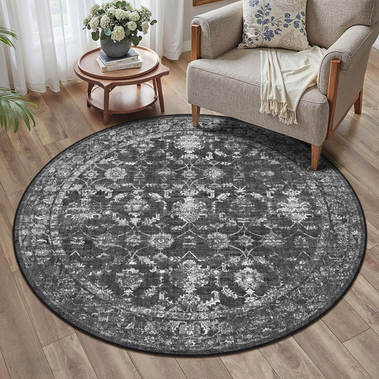 4ft Round Washable Area Rugs for Living Room, Vintage Boho Large Rug for Bedroom Dining Room Office, Distressed Floral Print Carpet for Under Table, Soft Non Slip Low Pile Throw Indoor Mat, Black