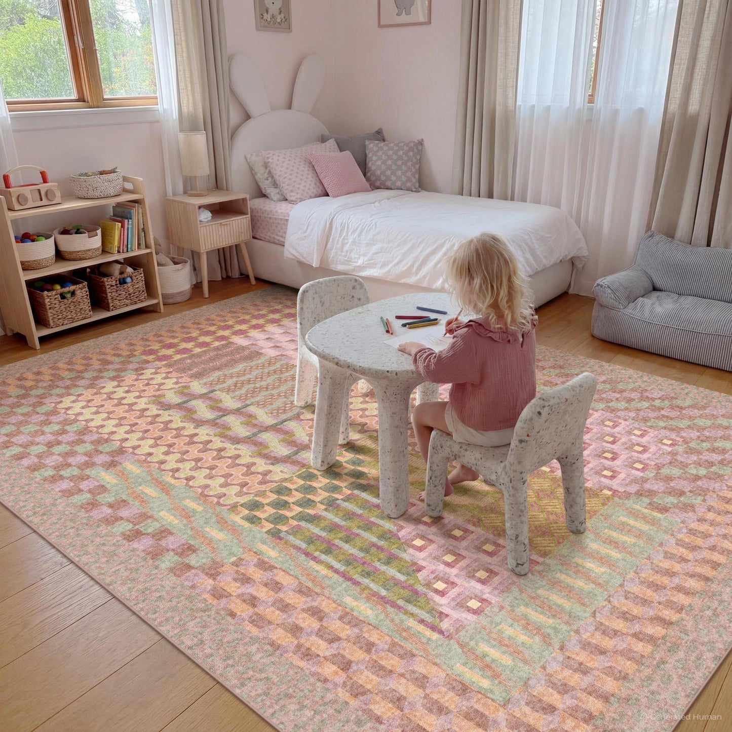 Kokia 9x12 Modern Geometric Washable Area Rug, Non-Slip Stain-Resistant Low Pile Rugs for Girls Bedroom, Living Room, Dining Room, Pink and Purple