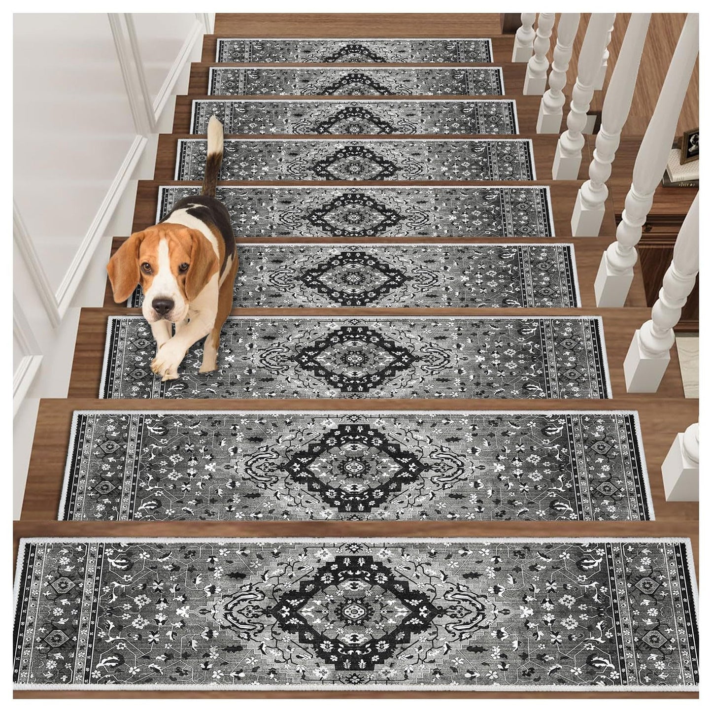 Edging Stair Treads Non-Slip Carpet Mat, 30in X 8in Indoor Stair Runners for Wooden Steps, Rubber Backing Stair Rugs for Kids Elders and Pets(Black/Grey,15PCS)