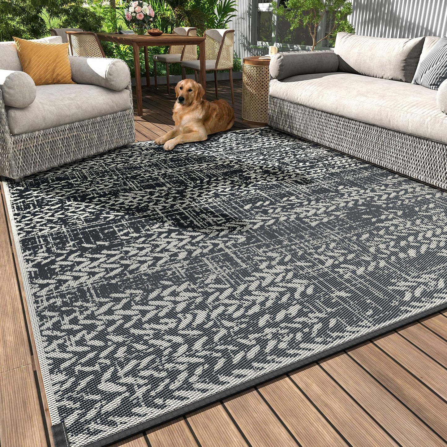 MontVoo Outdoor Rug Waterproof-Patio Rug Mat 5x8 Outdoor RV Camping Picnic Beach Mat Plastic Straw Rugs Outside Outdoor Area Rugs for Balcony Deck Backyard Grey