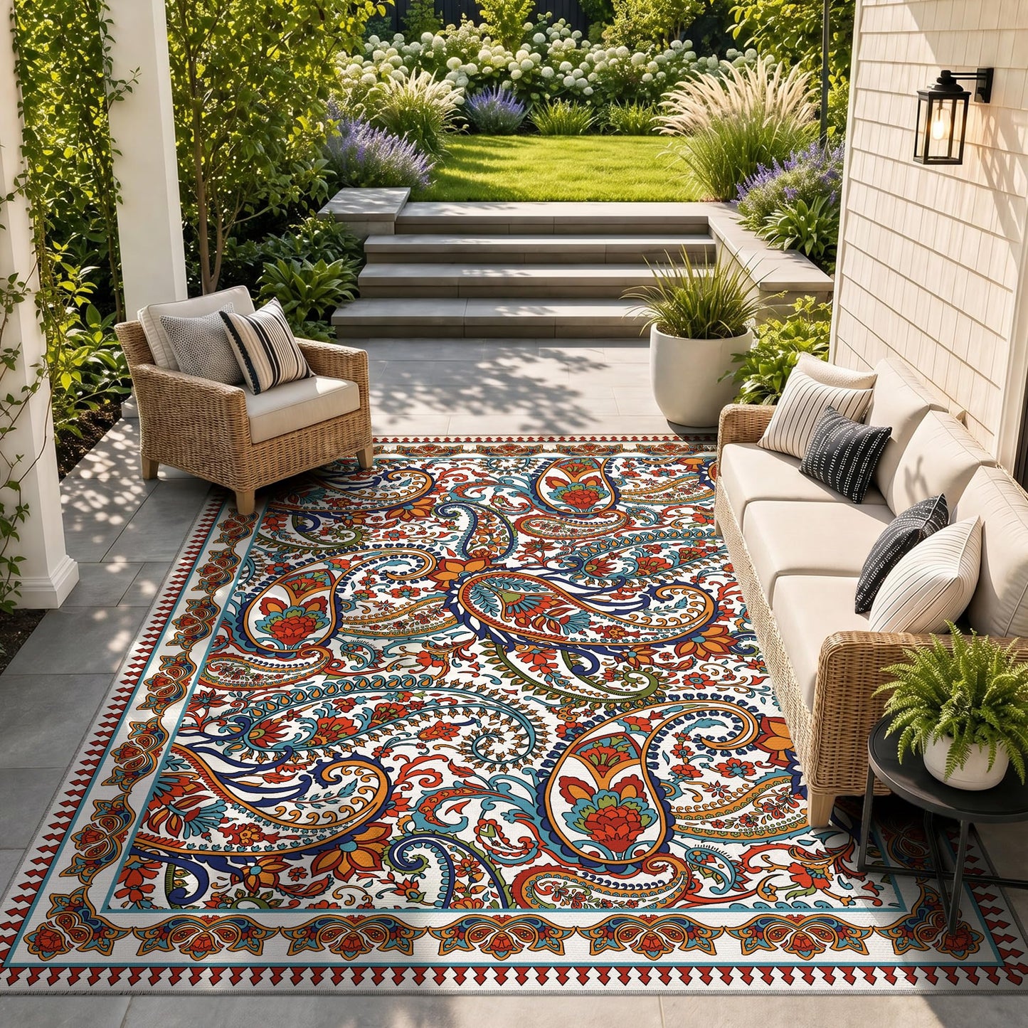 Arenarug Paisley Outdoor Rug Waterproof 5x8, UV Resistant Non Slip Patio Rug, Indoor Outdoor Boho Camping Rug Linen-Look RV Carpet for Deck Balcony Backyard, White Multi