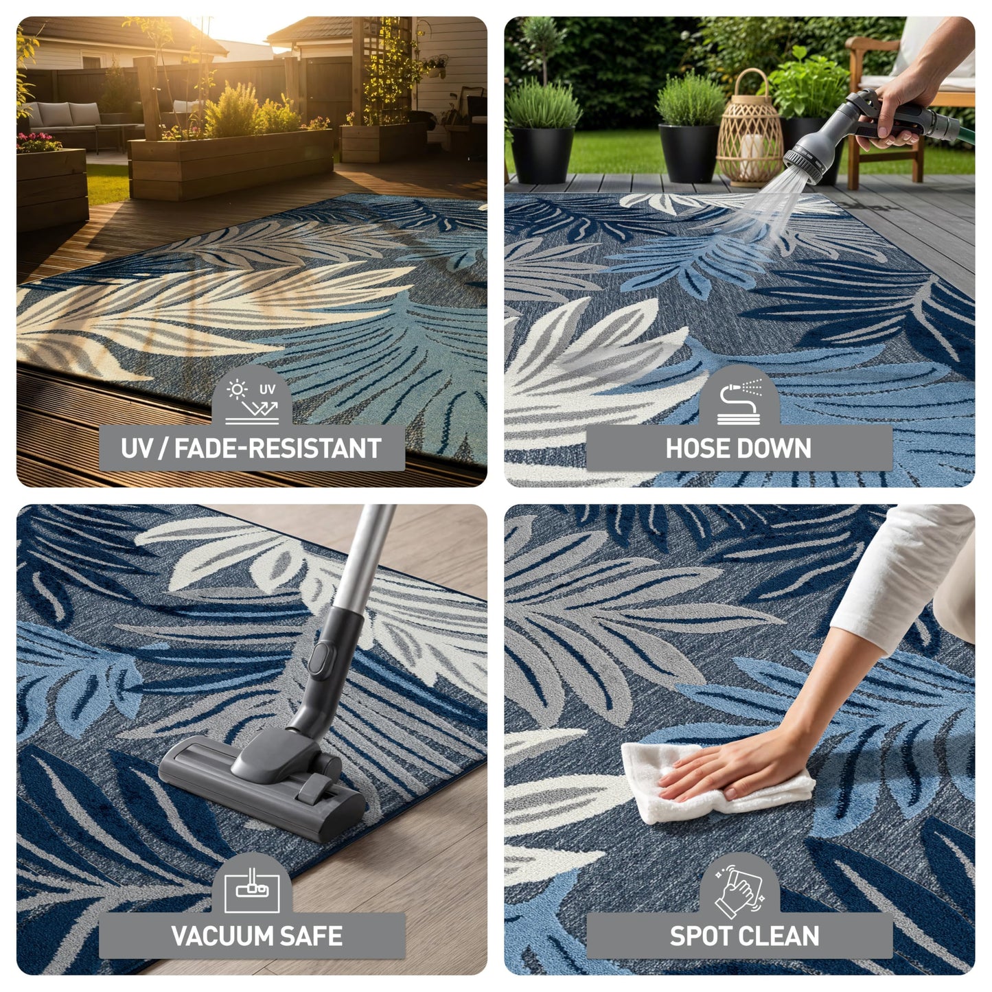 Rugshop Indoor/Outdoor High-Low Textured Area Rug, Botanical, Easy-Clean Patio Rug for Porch Deck Balcony 6' 6" x 9' Navy