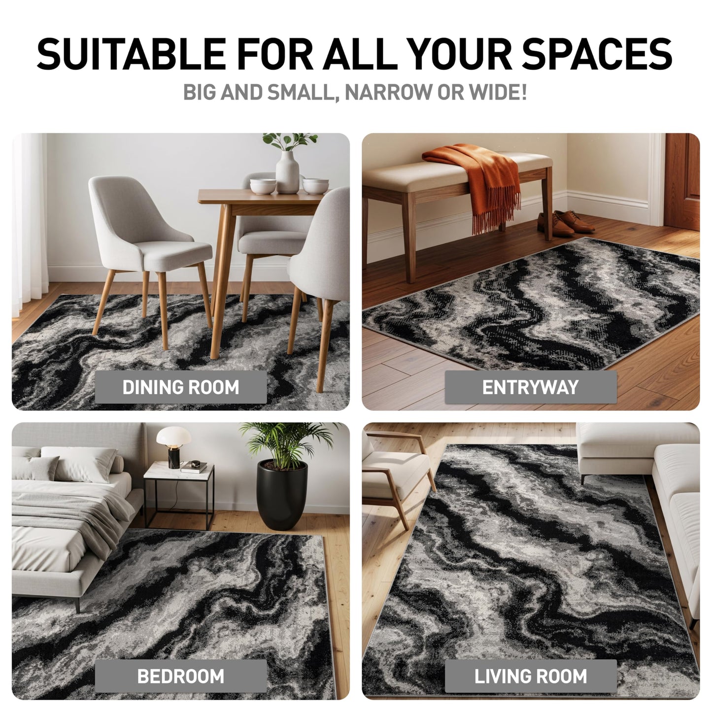 Rugshop Modern Contrast Indoor Area Rug for Entryway,Bedroom,Kitchen Rug Low Pile Rug with Jute Backing 4' x 6' Black