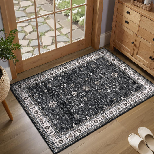 GarveeHome Small Black Entryway Rug, 2x3 Washable Front Door Rug Indoor Entrance Vintage Tribal Carpet Non-Slip Low Pile Throw Rugs for Kitchen Floor, Powder Room, Entry, Bathroom, Kids Room
