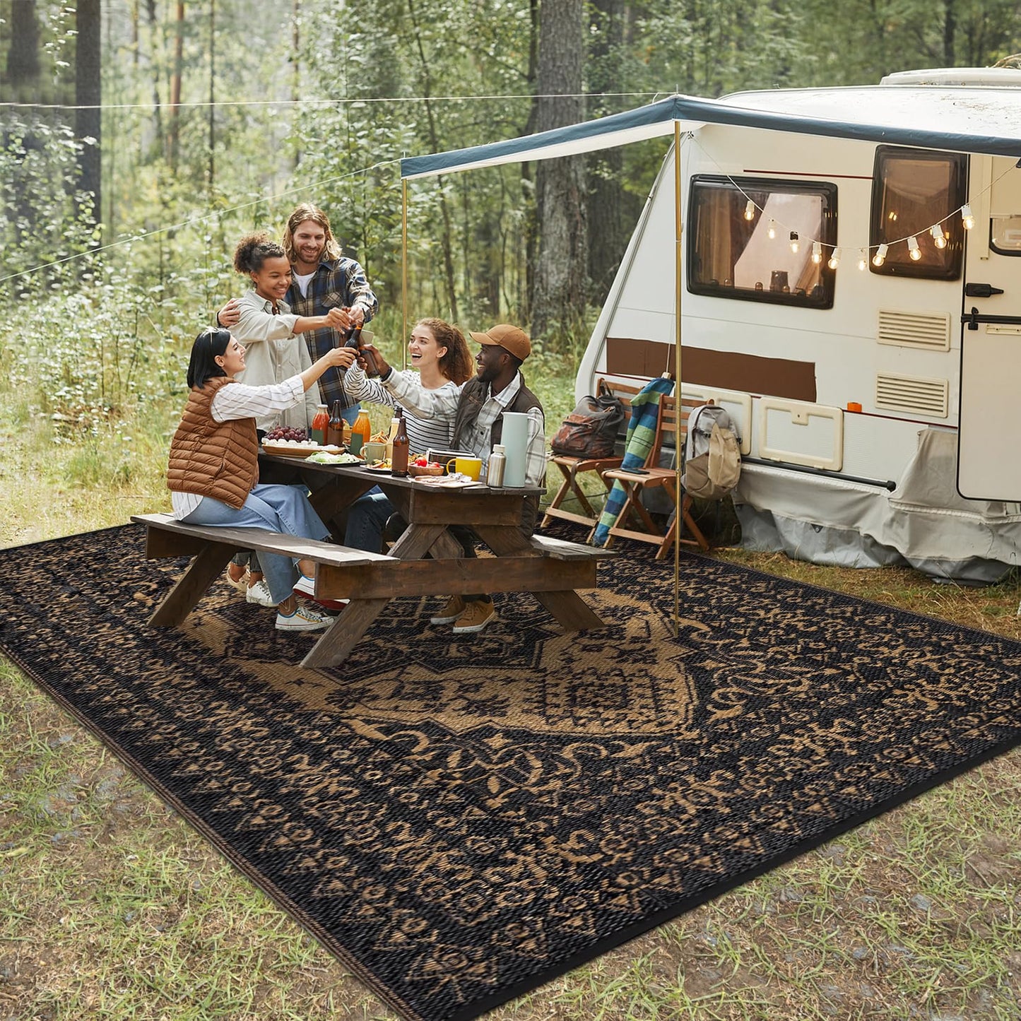 Garvee Outdoor Patio Rug 9x12 Waterproof Reversible Mat Medallion Outdoor Plastic Straw Rug with 4 Stakes and Starage Bag Portable Area Rug for Camping Porch Deck Rv Balcony Backyard Beach, Brown