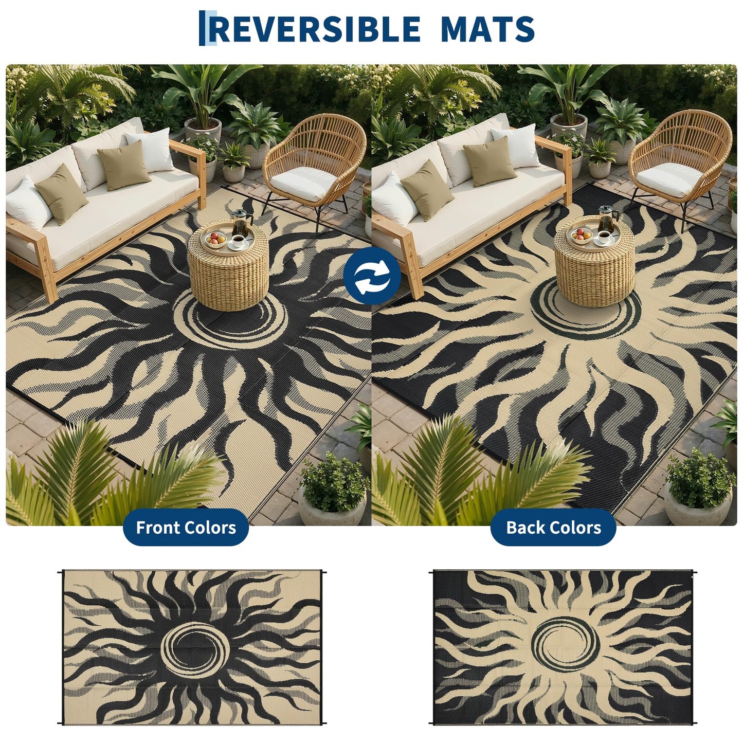 Garvee Outdoor Rug 6x9 Waterproof Patio Rugs with Boho Sun Pattern, Reversible Plastic Straw Camping Rugs Outdoor Indoor RV Mat Carpet for Deck, Backyard, Picnic, Porch, Balcony, Beach, Black