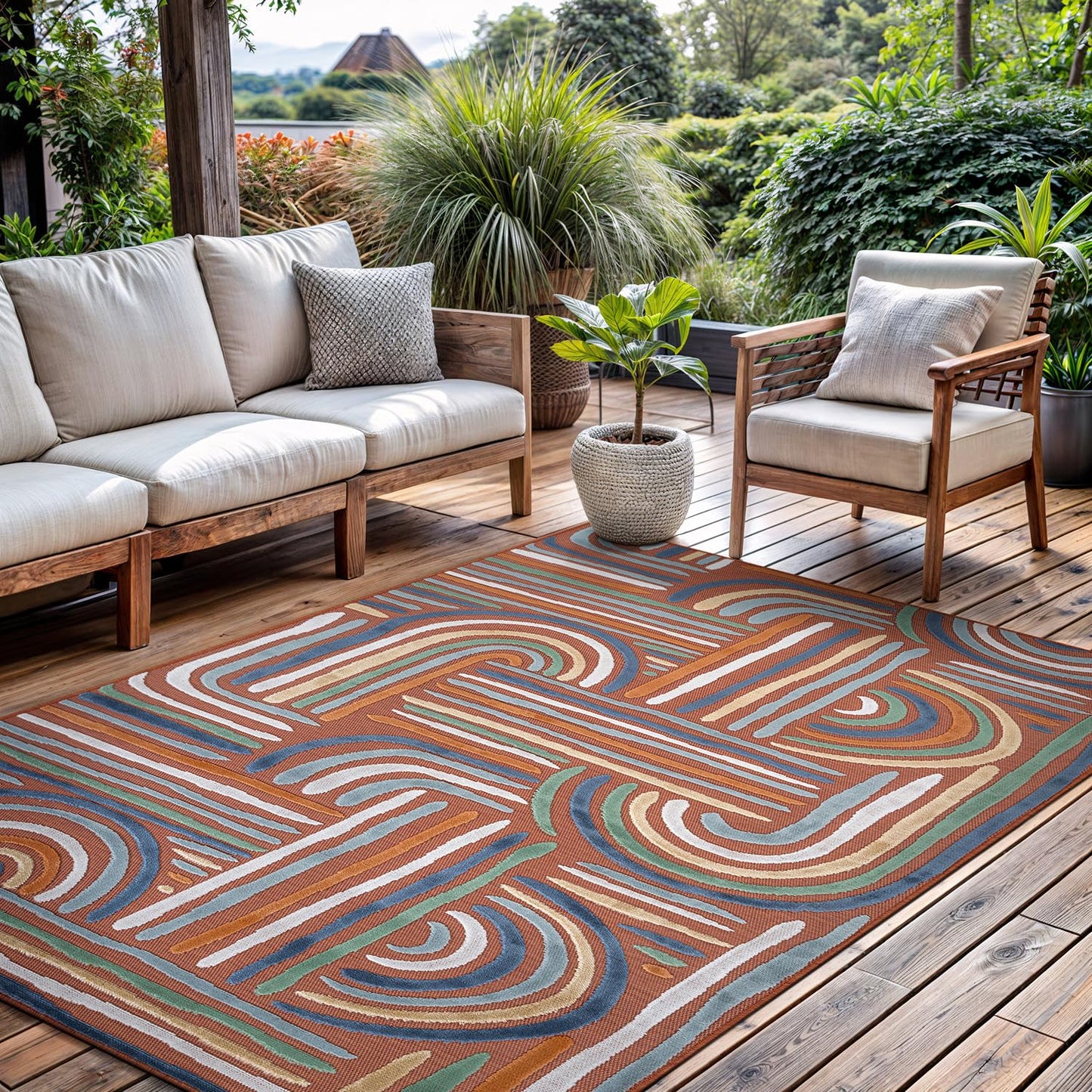 CAMILSON Indoor Outdoor Rug, Orange 5x7 Geometric Arch Striped Area Rugs for Patio and Home Areas, Easy-Cleaning Non-Shedding Living Room, Garden and Deck Washable Outside Carpet (5 x 7)