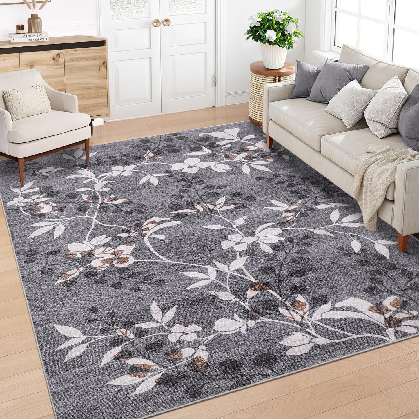 Garvee 5x7 Washable Living Room Rugs, Non Slip Bedroom Rugs, Large Floral Print Throw Carpet for Dining Room, Soft Low Pile Botanical Home Decor Rug for Nursery Home Office, Grey