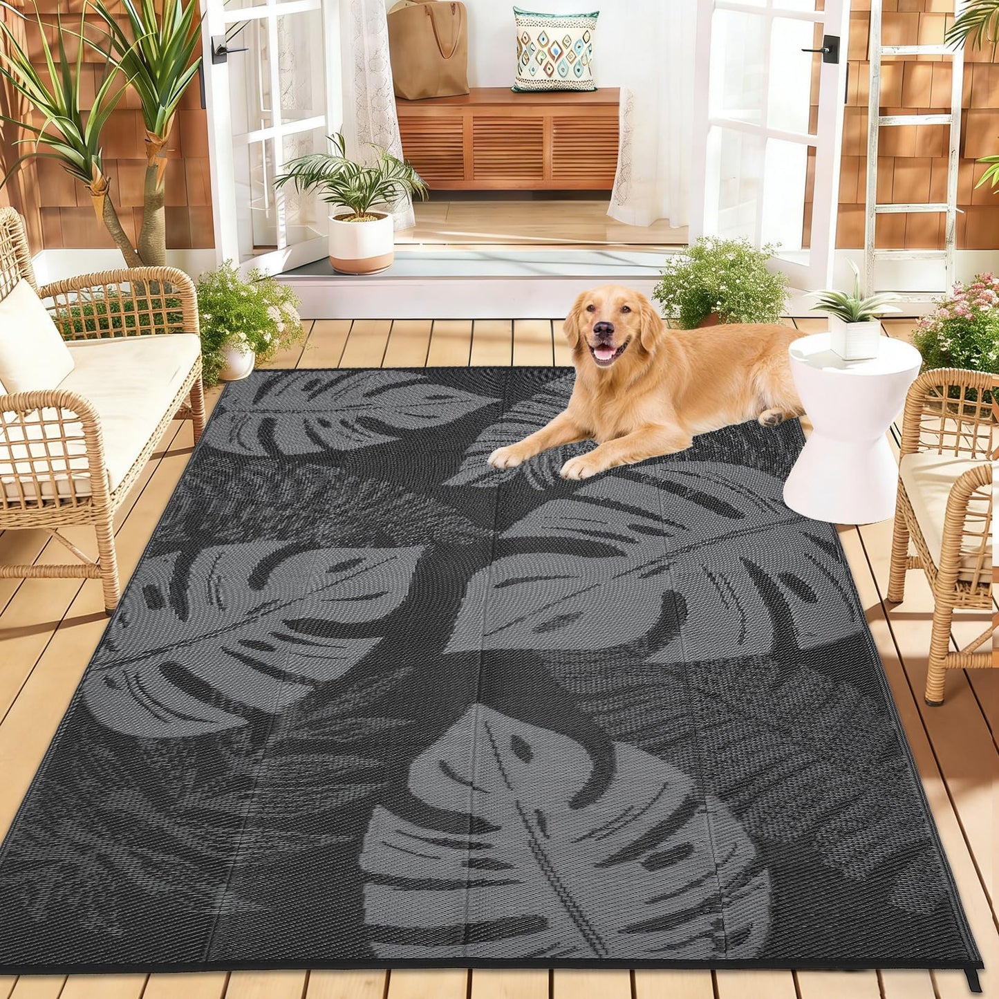 MilleLoom Outdoor Rug 8x10 Waterproof Patio Rugs Modern Leaf Print Reversible Mat for Front Door Rv Foldable Plastic Straw Carpet for Travel Trailers, Deck, Porch, Camper, Balcony, Beach，Black/Grey