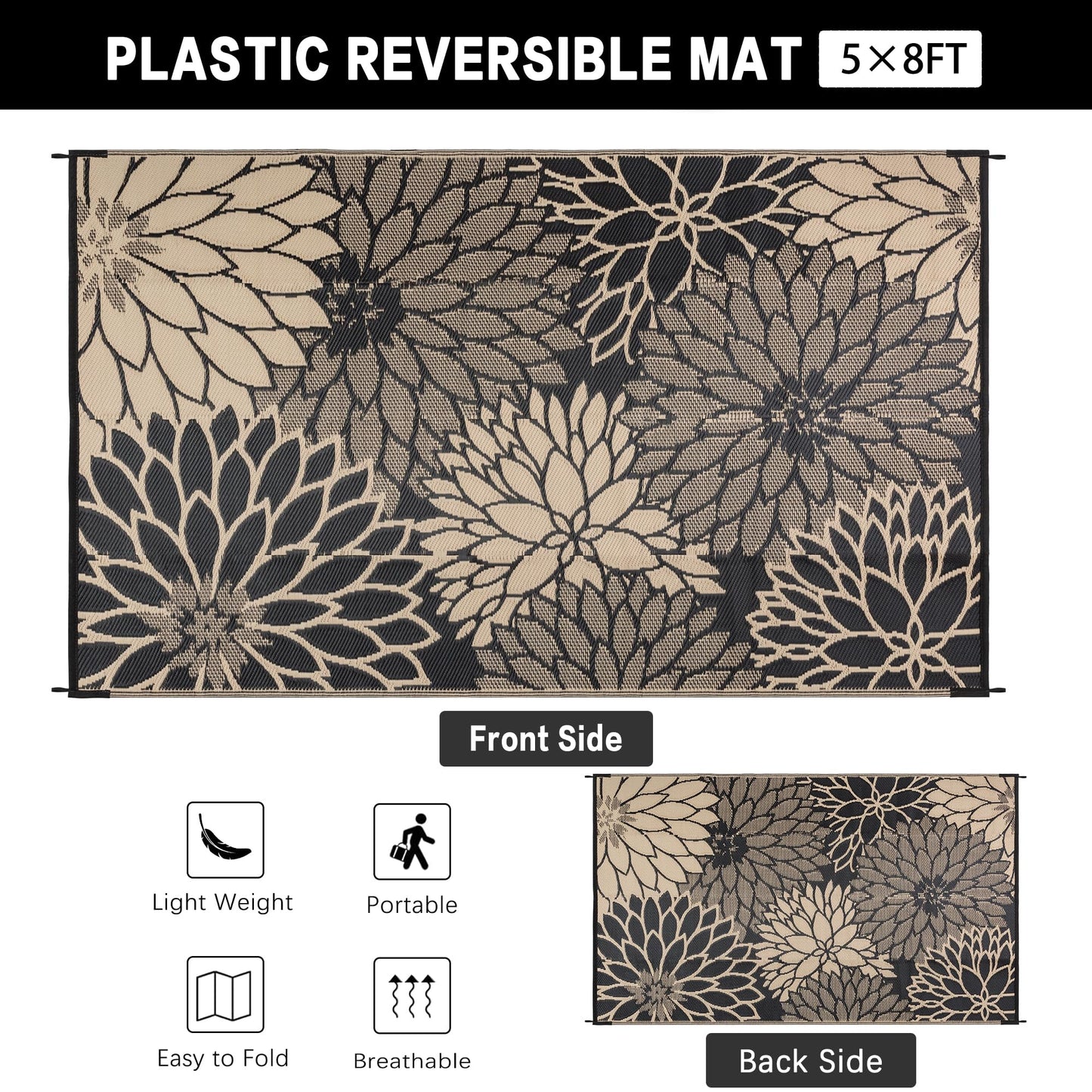 HUGEAR 5'x8' Outdoor Rug Waterproof Plastic Straw Rugs Brown Reversible Floral Mat Floor Carpet for Camping RV Deck Entryance Porch Picnic Balcony Beach Backyard