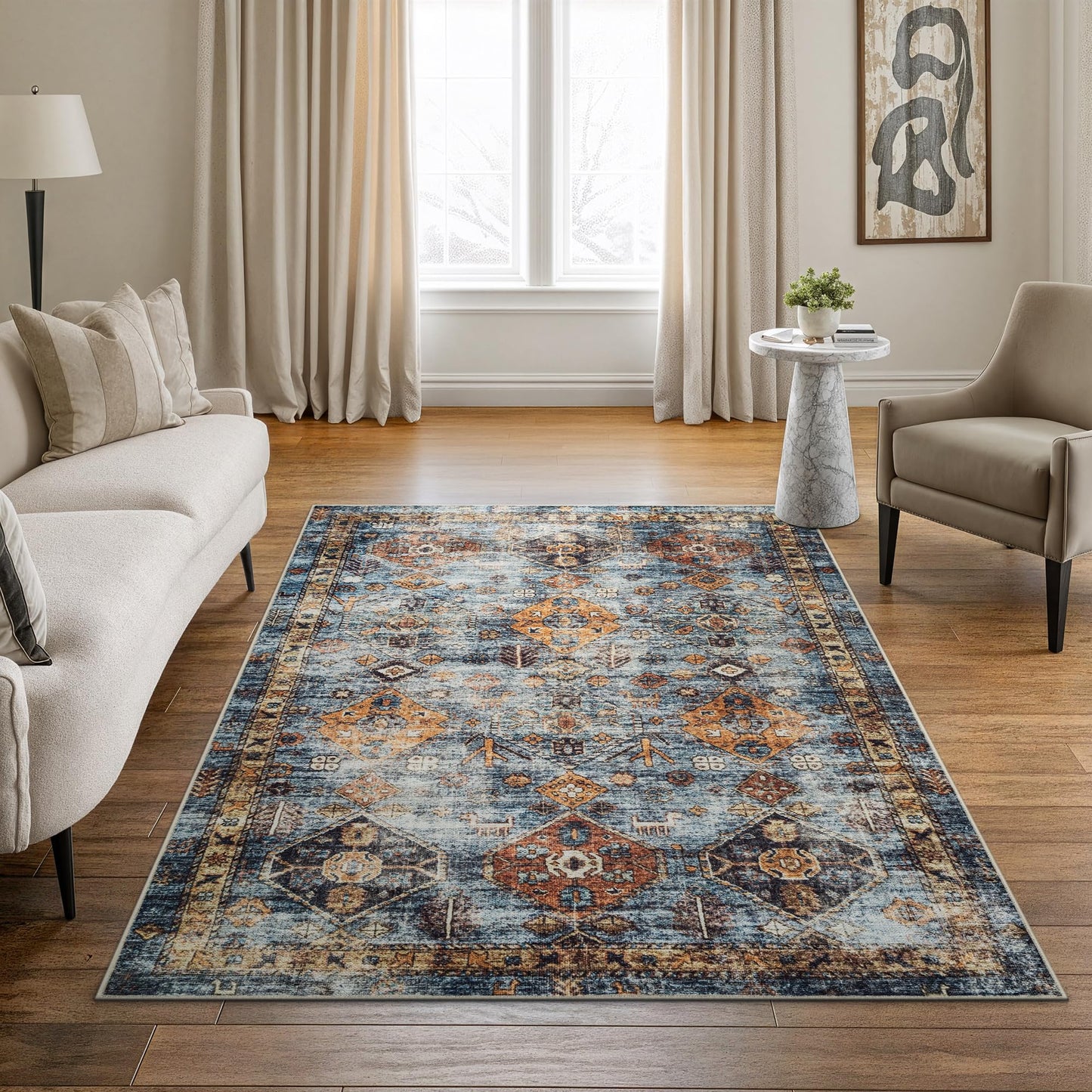 Bloom Rugs Washable Non-Slip 5' x 7' Rug - Blue/Orange Traditional Bordered Area Rug for Living Room, Bedroom, Dining Room, and Kitchen - Exact Size: 5' x 7'