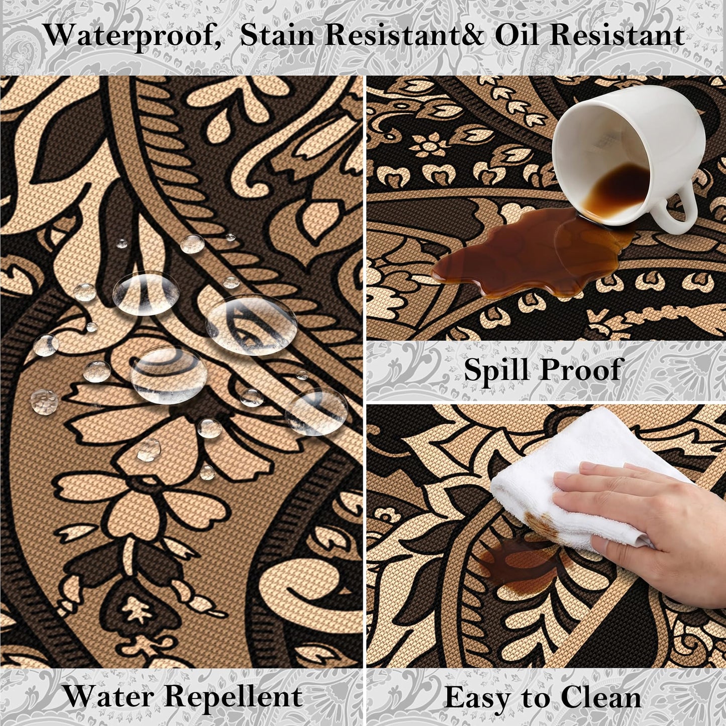 Arenarug Paisley Outdoor Rug Waterproof 8x10, UV Resistant Non Slip Patio Rug, Indoor Outdoor Boho Camping Rug Linen-Look RV Carpet for Deck Balcony Backyard, Taupe
