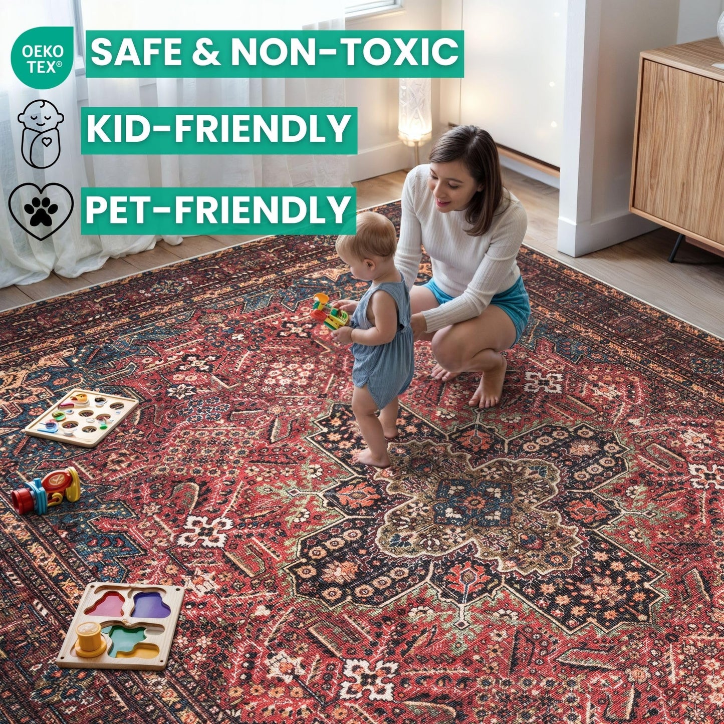 Bloom Rugs Washable Non-Slip 4' x 6' Rug - Red/Teal Blue/Yellow Traditional Medallion Area Rug for Living Room, Bedroom, Dining Room, and Kitchen - Exact Size: 4' x 6'