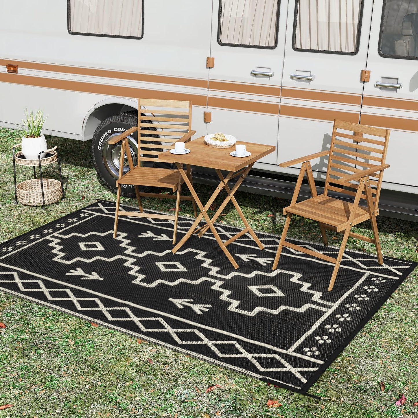 Uphome Outdoor Rug Mat Waterproof 5x8 ft, Reversible Outdoor Plastic Straw Rug, Black Boho Patio Rug, Foldable RV Camping Rug, Indoor Outdoor Area Rug for Backyard Deck Pool Balcony Picnic, 5'x8'