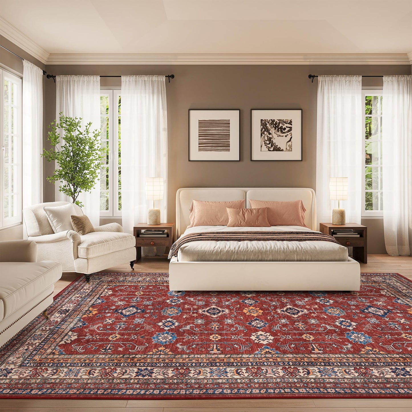 Rugland 5x7 Area Rugs - Stain Resistant Washable Rugs 5x7, Anti Slip Backing Low Pile Rugs for Living Room, Bedroom, Vintage Tribal Area Rugs, Burgundy