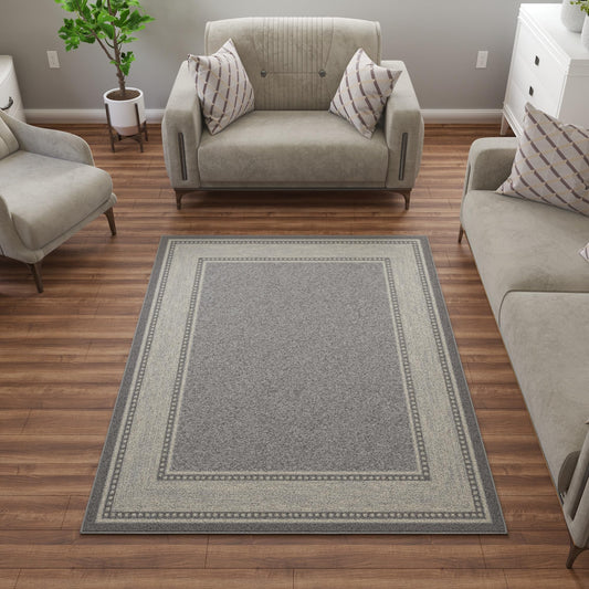 Ottomanson Area Rug 5' x 6'6" – Non Slip Rubber Backed Indoor Rug for Living Room, Bedroom, Dining Room, Low Pile Floor Carpet, Durable Accent Area Rug, Border Light Gray