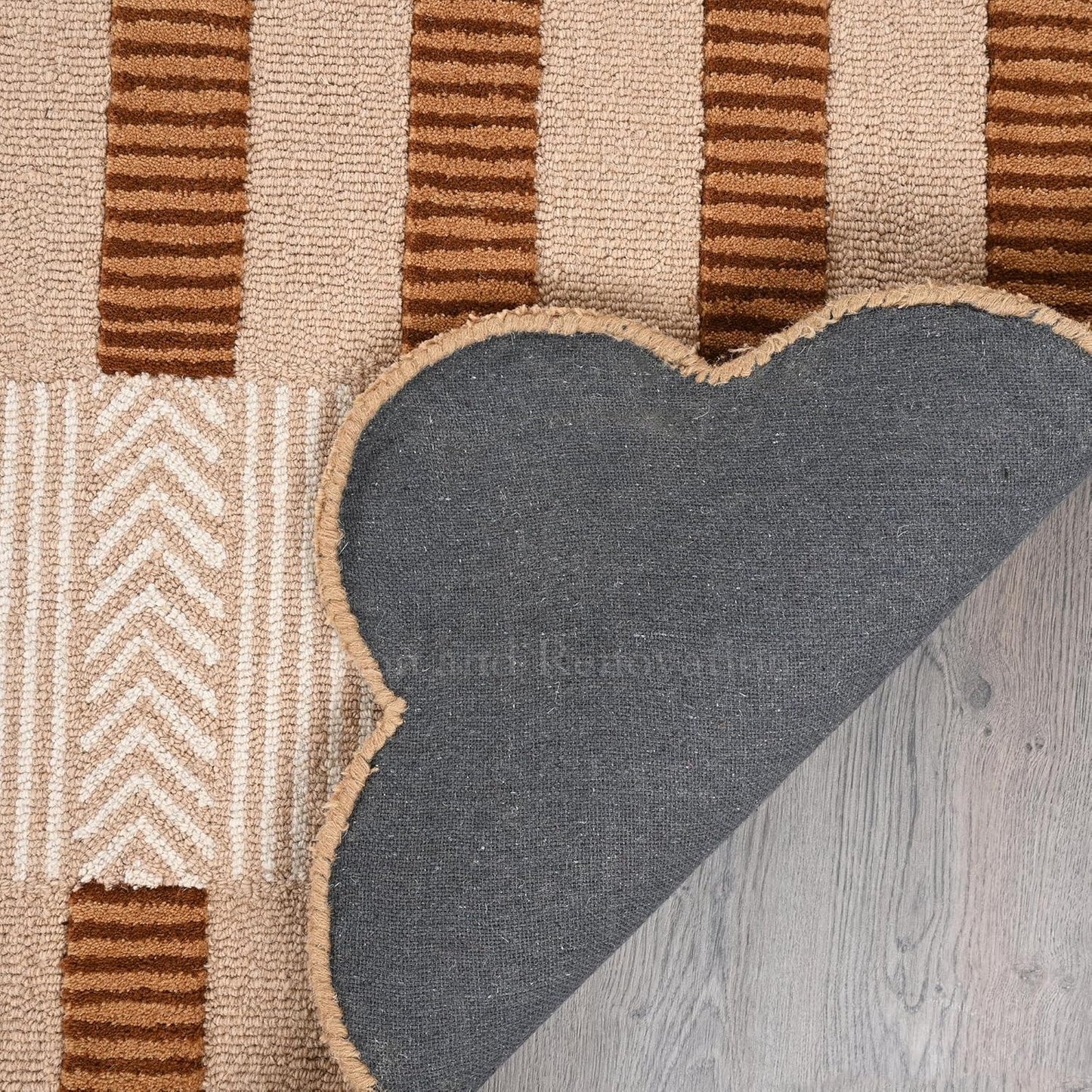 Handmade Scalloped Wool Area Rug - Modern Geometric Pattern, Green-Beige Stripes, Checkered Chevron Design - Soft, Durable Thick Carpet for Living Room, Bedroom, Dining Room (Light Brown, 4' x 6')