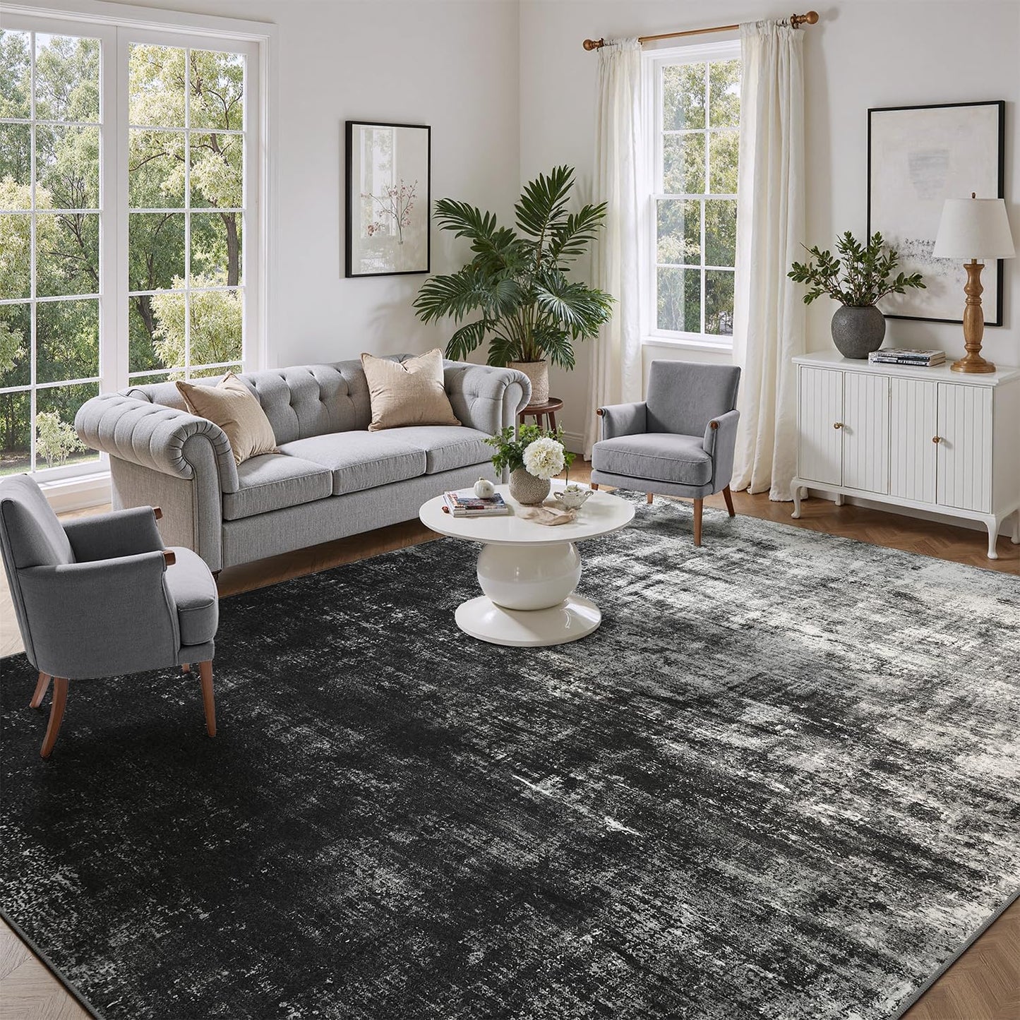 DCX Abstract Area Rug 8x10, Washable Black Modern Rug for Living Room, Kid & Pet Friendly with Rubber Back Non Slip, Soft Low Pile Carpet, Stain Resistant Rug for Bedroom, Office, Dining Room