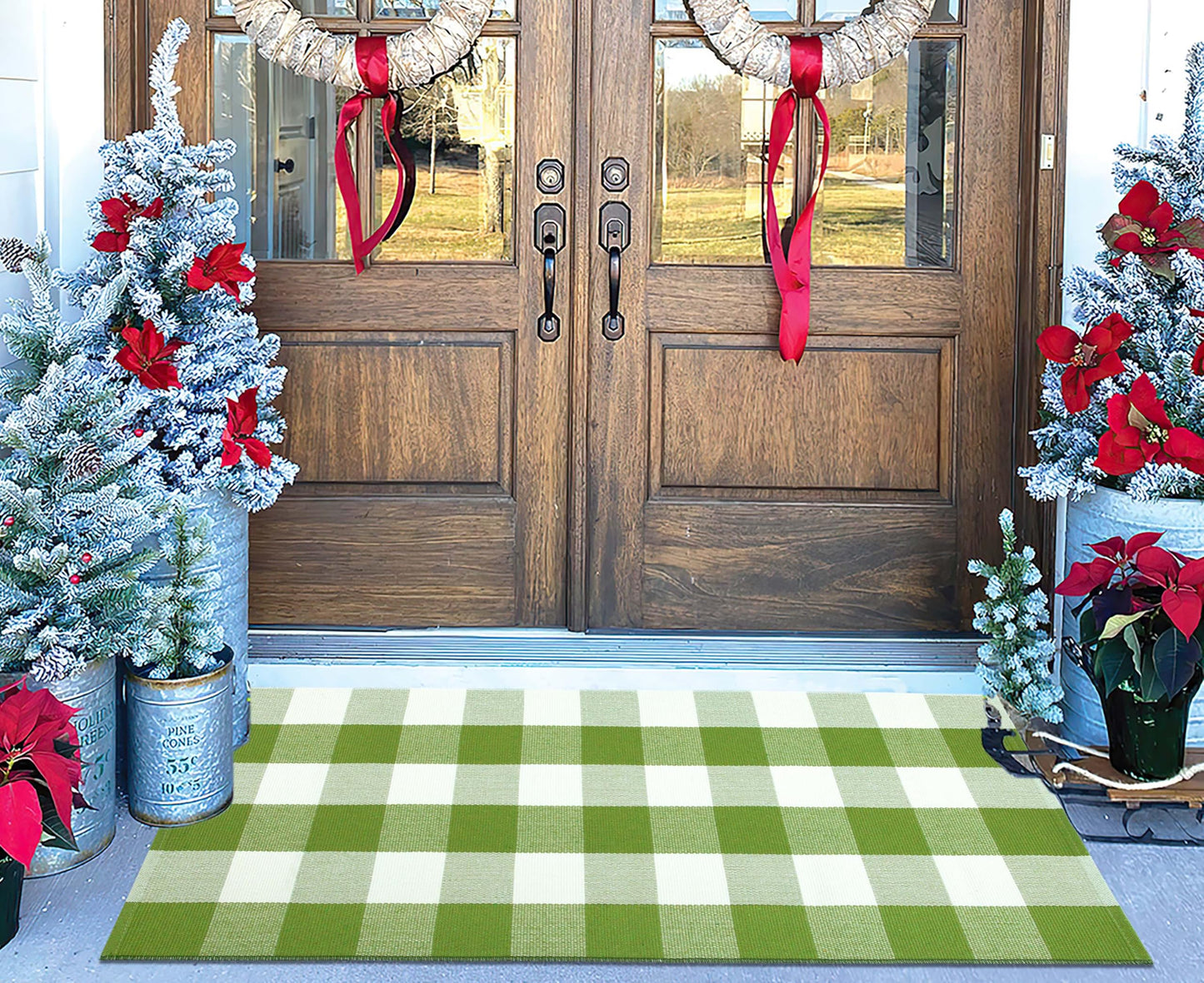 Buffalo Plaid Outdoor Rug 24''x51''Green and White Checkered Front Porch Rug Cotton Woven Washable Door Mat Outdoor for Layered Hello Welcome Door Mat Farmhouse Entryway
