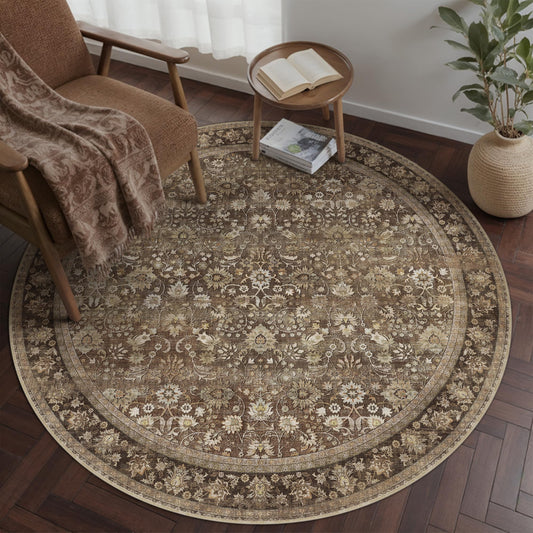 HUGEAR Round Rug 5ft Entryway Rugs Machine Washable Brown Hallway Area Rug 5x5 Small Circle Accent Rug Floral Low Pile Carpet Soft Throw Rug Living Room Office Laundry Room Entrance Non Slip