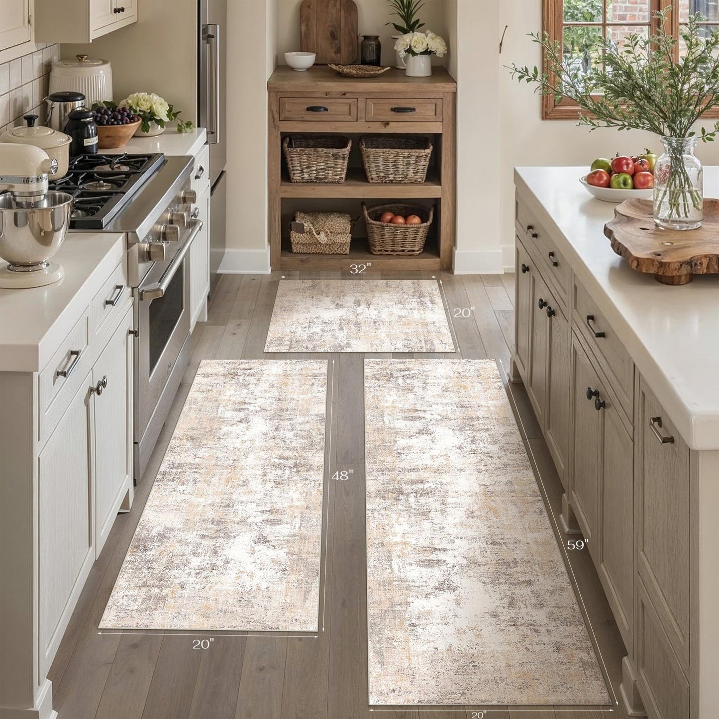 WondRg Kitchen Rug Set of 3 Washable Beige Grey Abstract Kitchen Mats for Floor Non-Slip Kitchen Runner Rug Soft Low Pile for Bathroom Laundry Hallway Sink Entryway