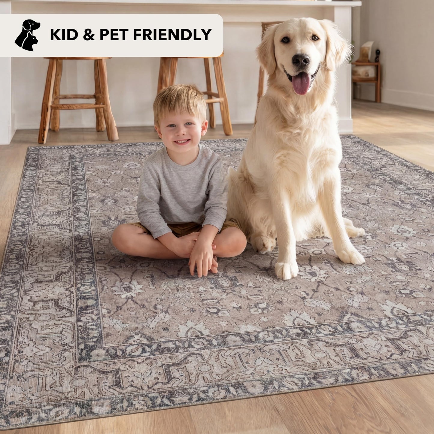 Kuden 5x7 Area Rug, Machine Washable Area Rug with Non-Slip Backing, Vintage Style, Soft, Easy Clean, Low Pile Rug for Living Room, Bedroom, Dining Room