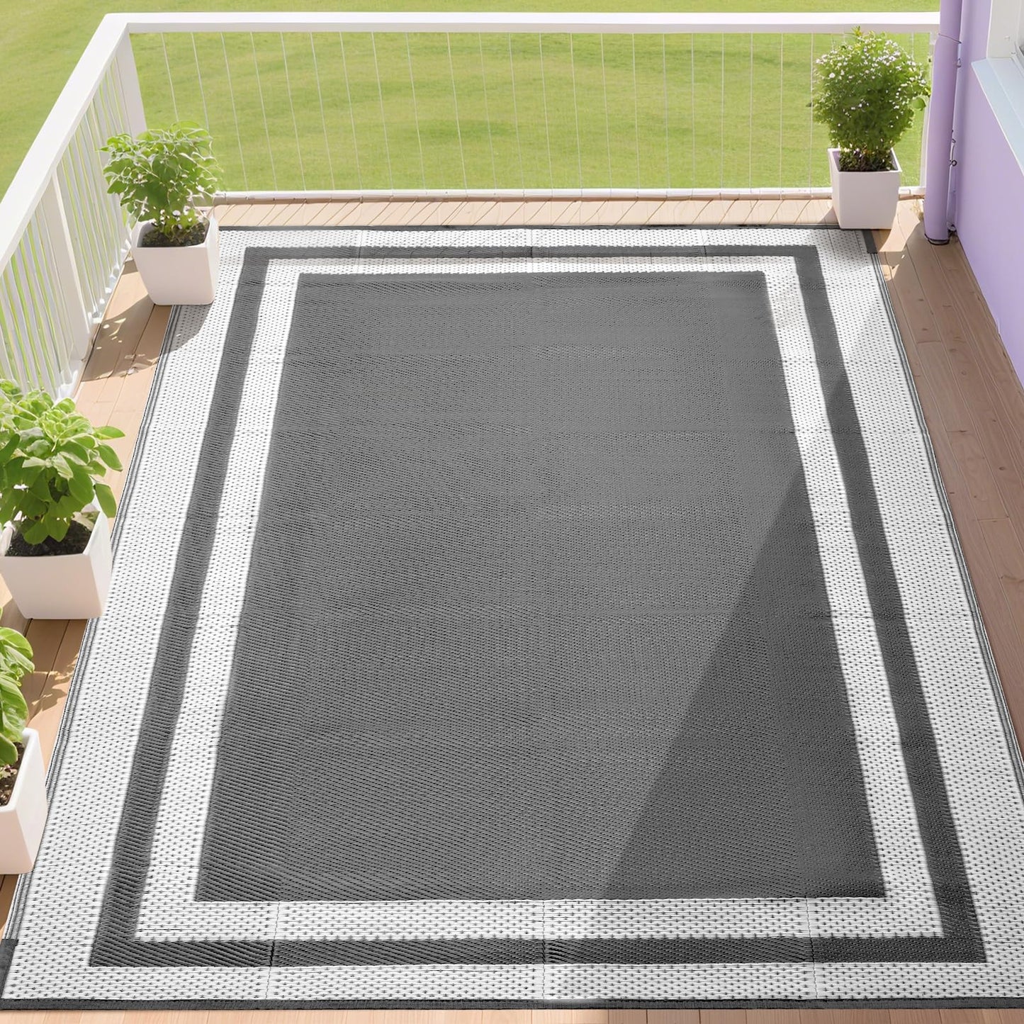 RURALITY Outdoor Rugs 5x8 Waterproof for Patios Clearance,Plastic Straw Mats for Backyard,Porch,Deck,Balcony,Grey&White