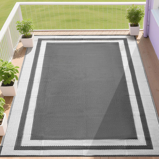 RURALITY Outdoor Rugs 5x8 Waterproof for Patios Clearance,Plastic Straw Mats for Backyard,Porch,Deck,Balcony,Grey&White