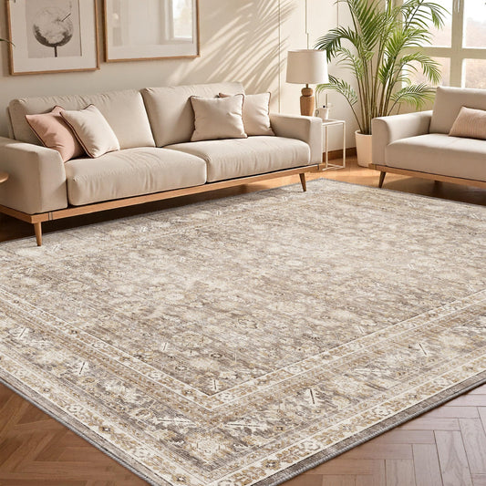 OPPODREAM Vintage Beige Area Rugs 5x7, 5 x 7 Retro Washable Rug Non Slip, Low-Pile Faux Wool Carpet, Distressed Tan Floor Mat for Living Room, Bedroom, Kitchen, Office, Dorm, Dinning Room