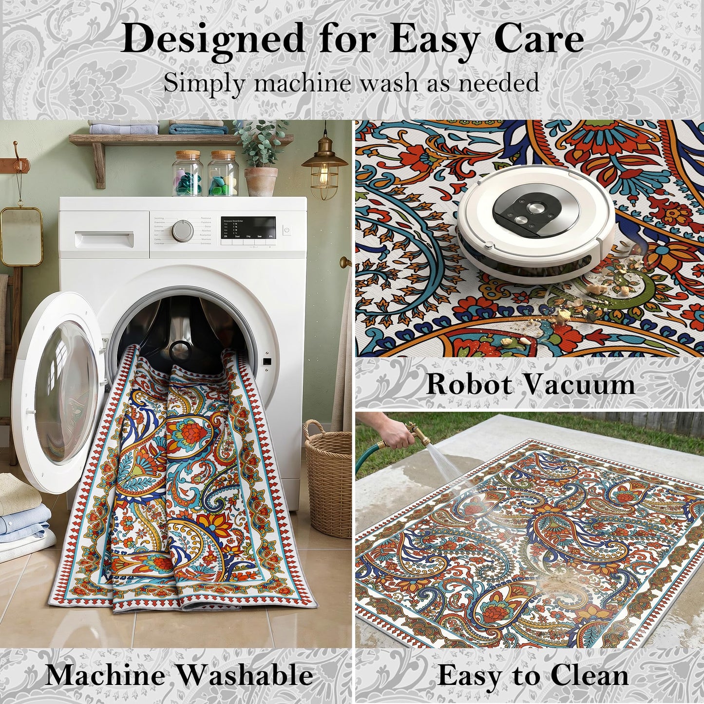 Arenarug Paisley Outdoor Rug Waterproof 8x10, UV Resistant Non Slip Patio Rug, Indoor Outdoor Boho Camping Rug Linen-Look RV Carpet for Deck Balcony Backyard, White Multi