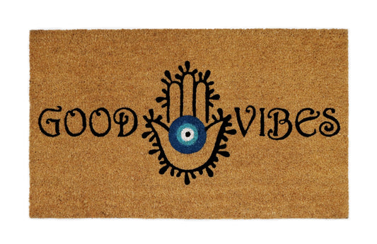 Croft&Cane Welcome Doormat – Non Slip Coco Coir Door Mat - Good Vibes Evil Eye Dirt Trapping Entryway Mat - Low Profile Indoor Outdoor Front Door Mat for Patio, Porch & High Traffic Areas - 17 x 30